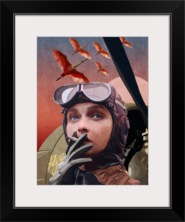 A retro style illustration of a female aviator smoking a cigarette in front of a vintage aircraft with a flock of flamingo...