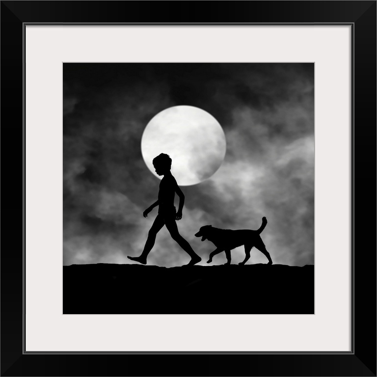 Silhouette of a boy and a dog walking on a foggy night, with the moon behind.