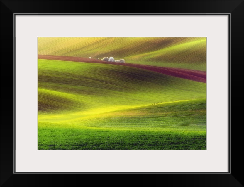 A stripe of brown cuts across a landscape of green rolling hills in Moravia, Czech Republic.