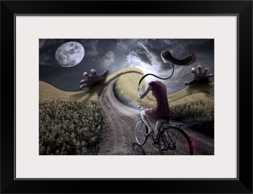 Conceptual image of a woman on a bicycle in a dreamscape.