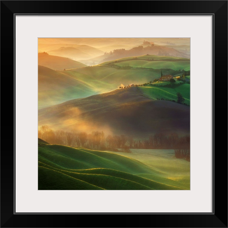 A Tuscan countryside landscape bathed in early morning light and low lying fog.