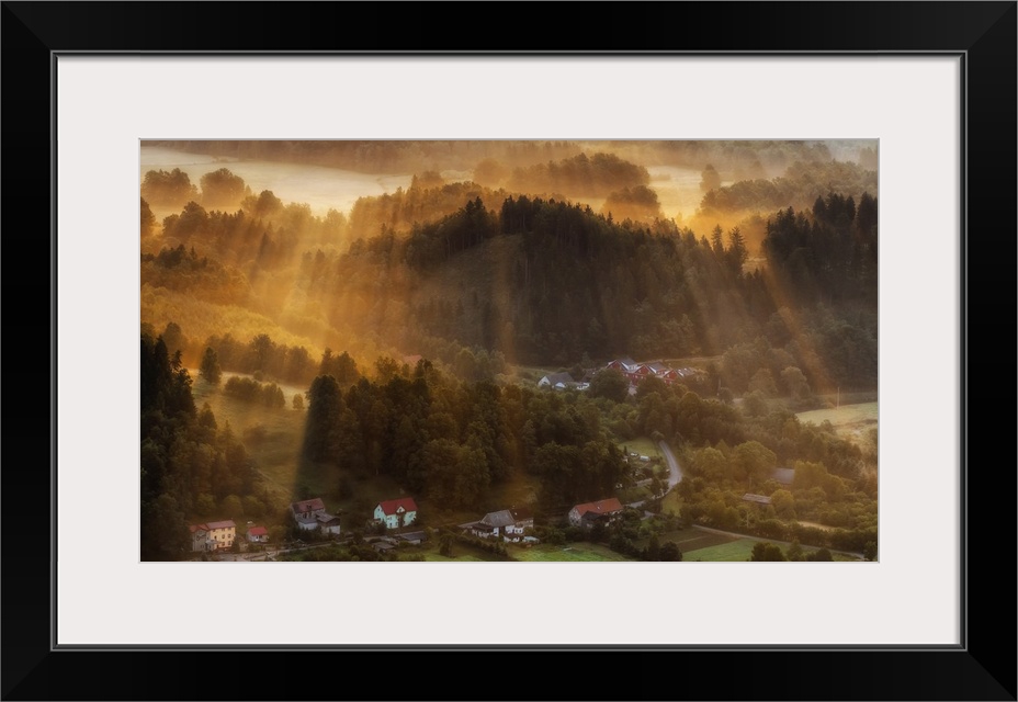 A photograph of Polish countryside landscape bathed in early morning light.