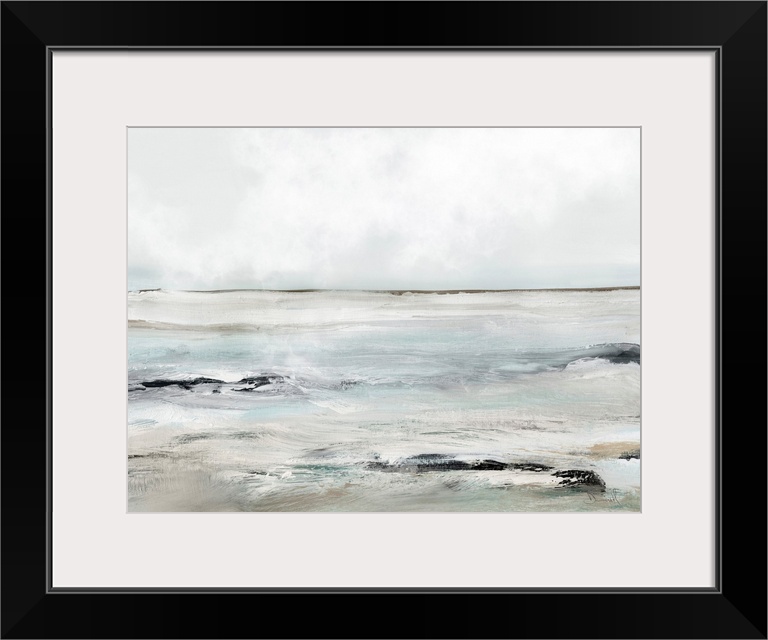 A contemporary abstract seascape with waves washing over dark rocks under a grey sky. Perfect for a beach theme or any coo...