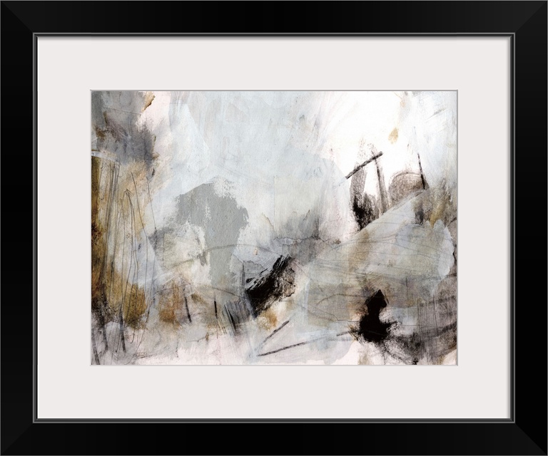 A blocky contemporary abstract painting with angular shapes n neutral grey and brown tones accented with black charcoal sc...