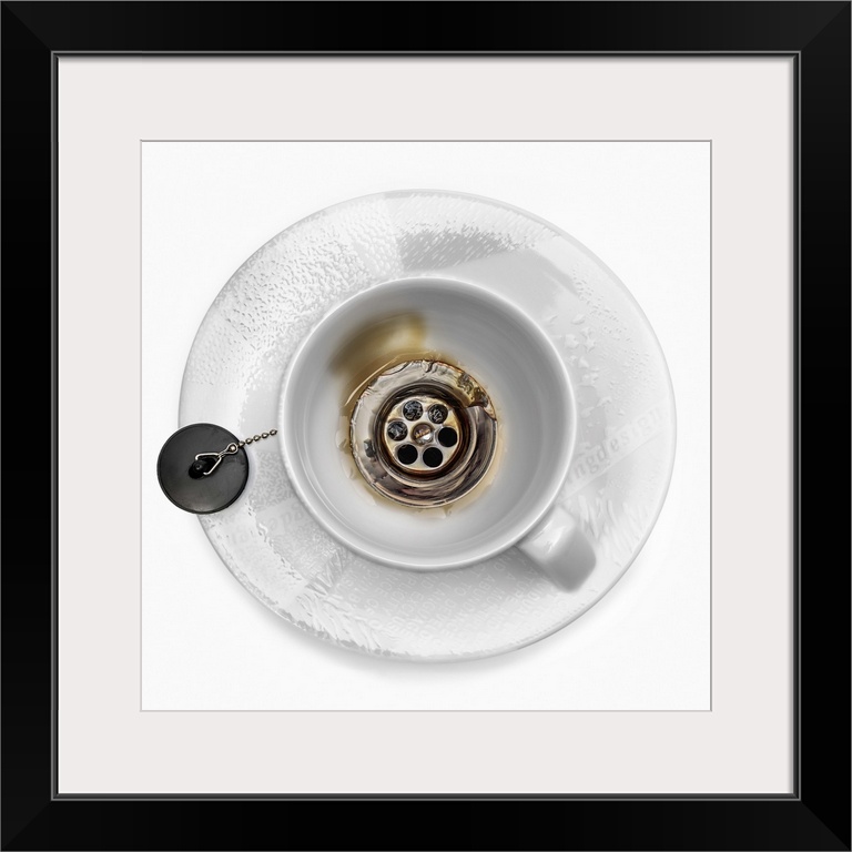 Conceptual image of a coffee mug with a drain at the bottom.