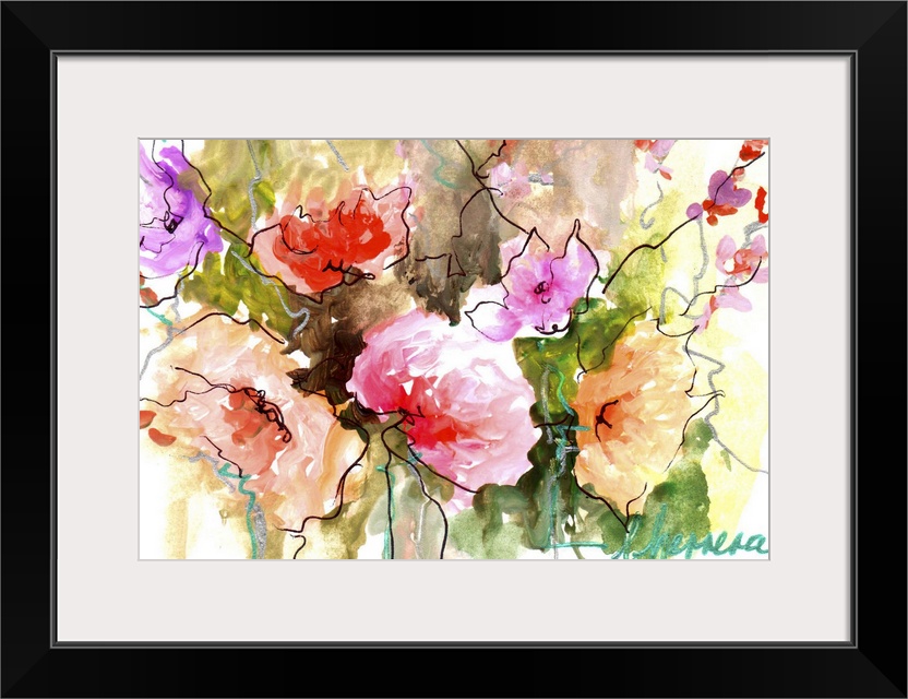 Contemporary watercolor painting of vibrant pink and orange flowers.