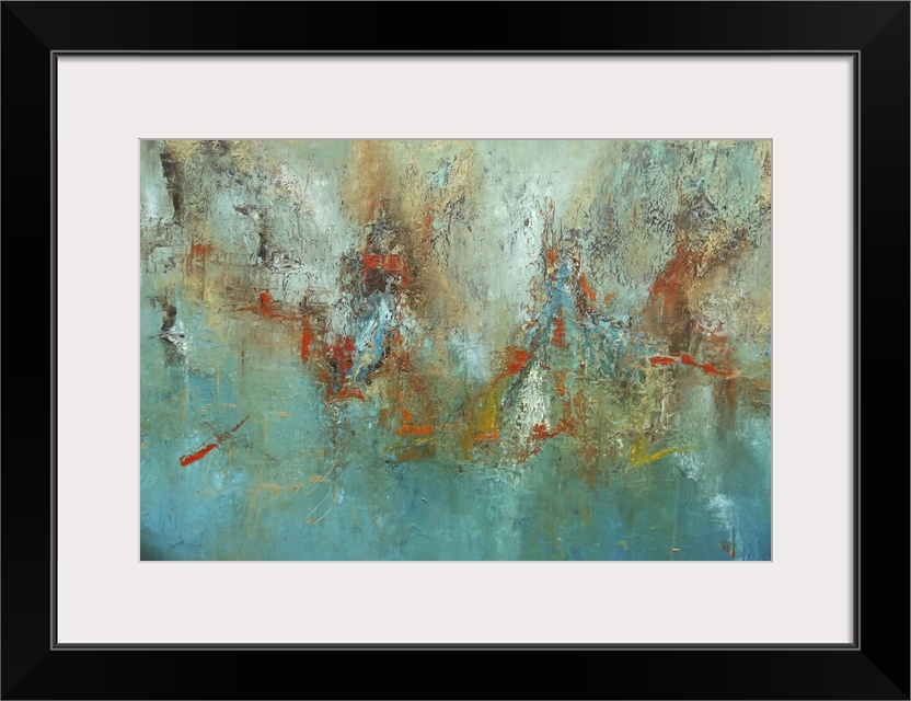 Contemporary abstract painting using vibrant cool tones with splashes of warm tones mixed in to break the monotony of the ...