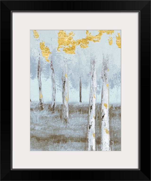 Contemporary painting of a grove of grey birch trees with bright gold leaves.