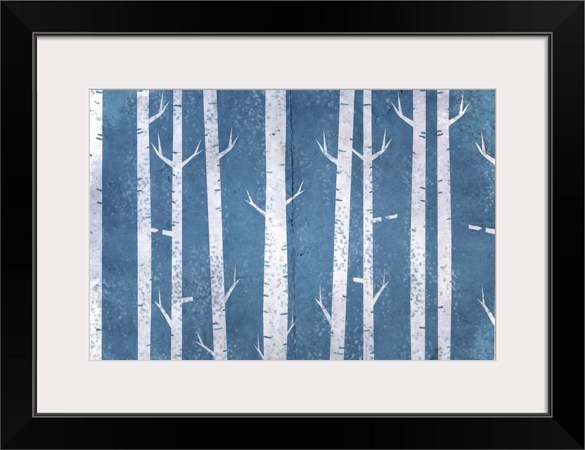 Contemporary painting of white rustic cut-out style trees against a blue background.