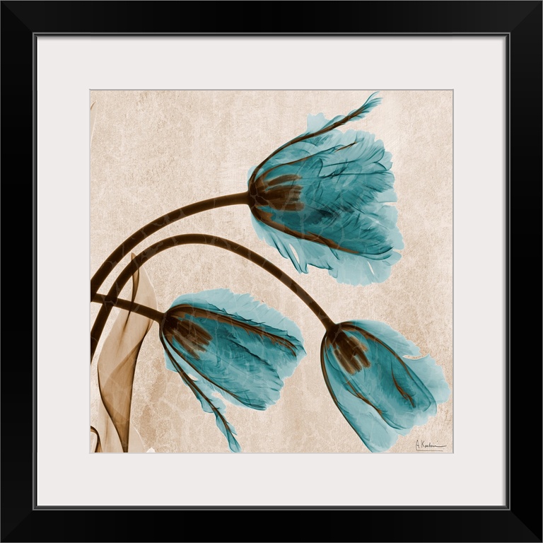 This square shaped decorative accent shows transparent flower blossoms dipping and drooping  across the photograph.