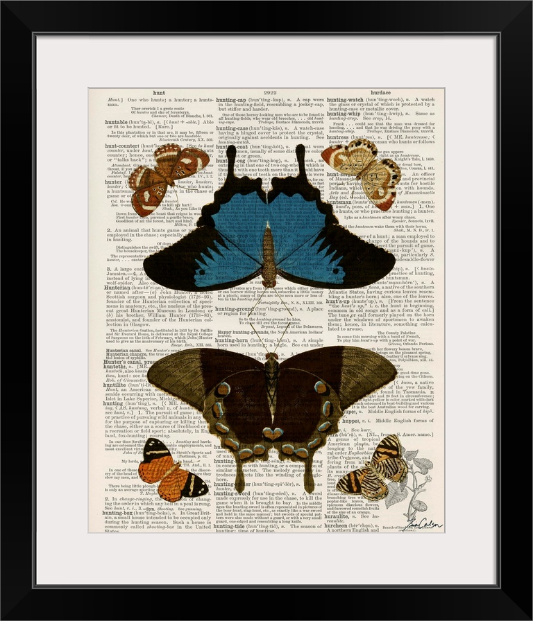 Contemporary artistic use of a page from a dictionary with a scientific illustration of butterflies on top of the text.