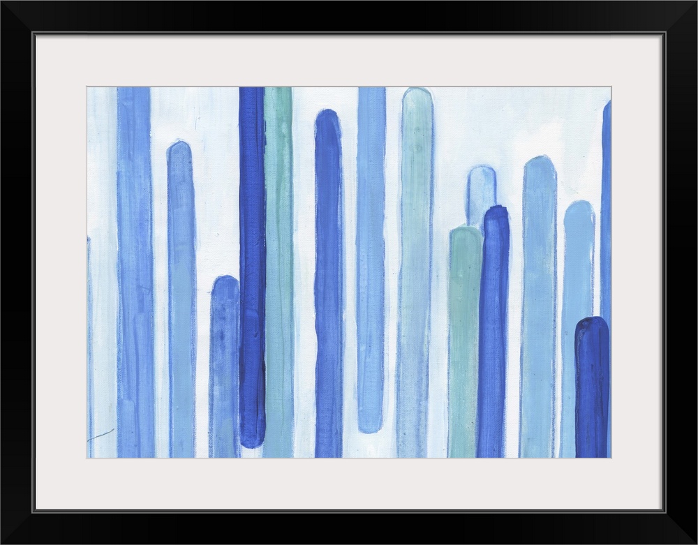 Contemporary abstract artwork made of several vertical lines in blue tones.