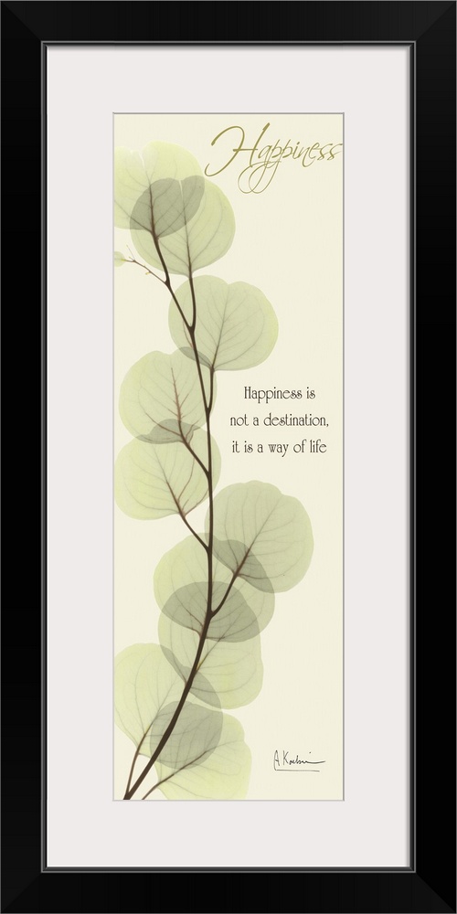 Vertical x-ray photograph of eucalyptus leaves, against a warm tone background. With the word "Happiness" at the top of th...