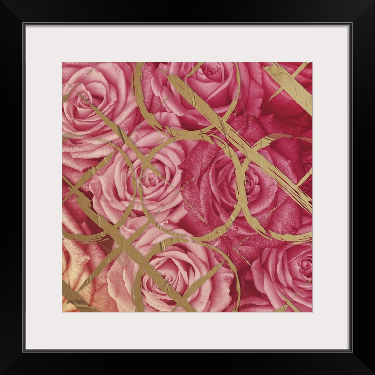 A photograph of pink roses with a gold design overlay.