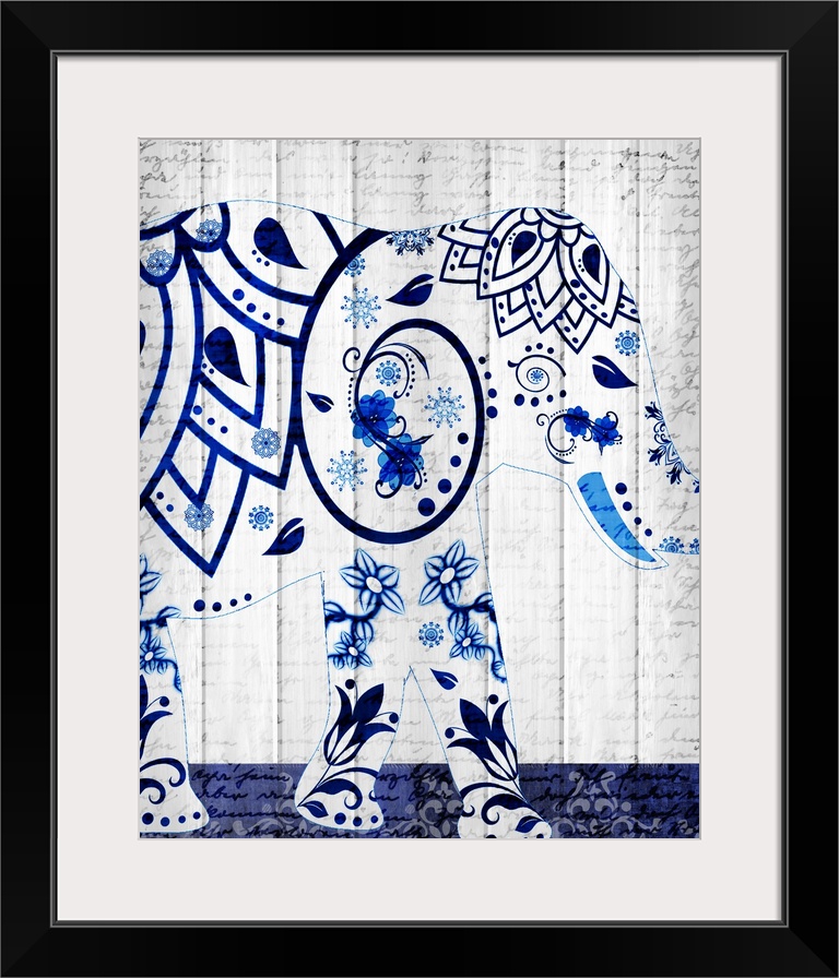 An elephant with a beautiful blue floral design pattern on a white wood panel background with faint handwriting.