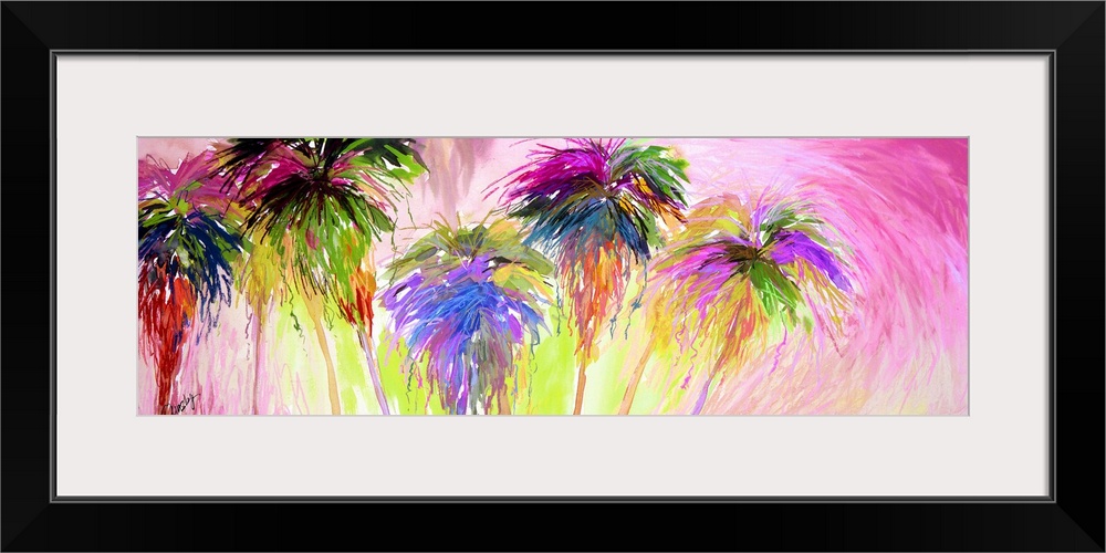 Contemporary piece of art of a group of tall palm trees. In a modern textured style.