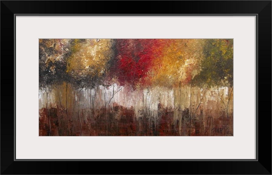 Contemporary abstract painting using vibrant warm tones to create what resembles a line of trees in autumn foliage.