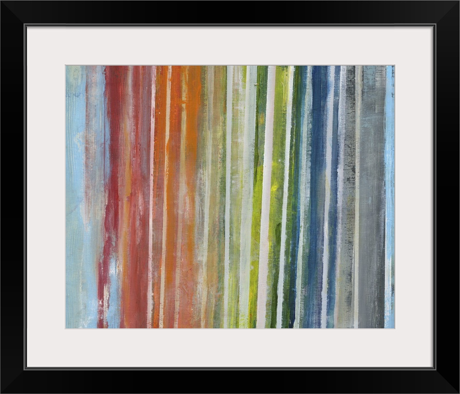 Contemporary abstract artwork of vertical lines in a rainbow gradient.