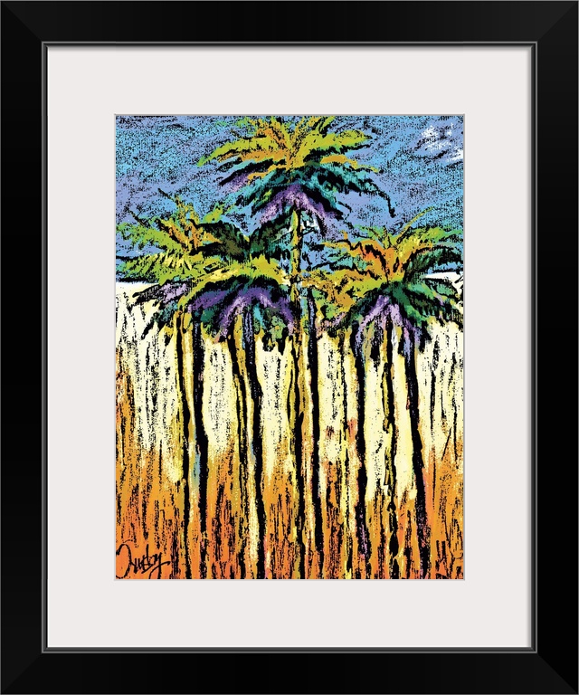 Contemporary piece of art of a group of tall palm trees. In a modern textured style.