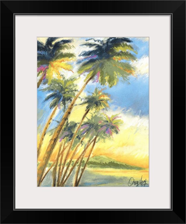 Contemporary piece of art of a group of tall palm trees. In a modern textured style.