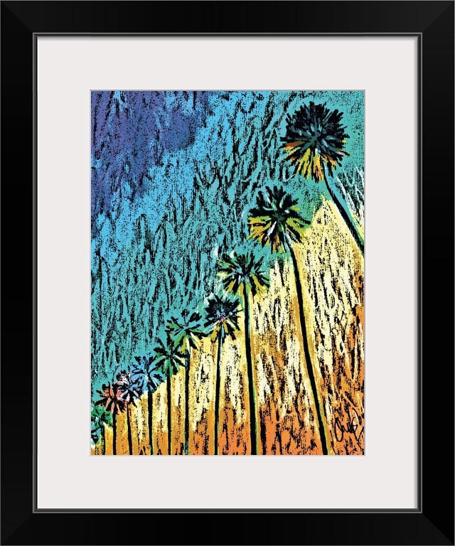 Contemporary piece of art of a row of tall palm trees. In a modern textured style.