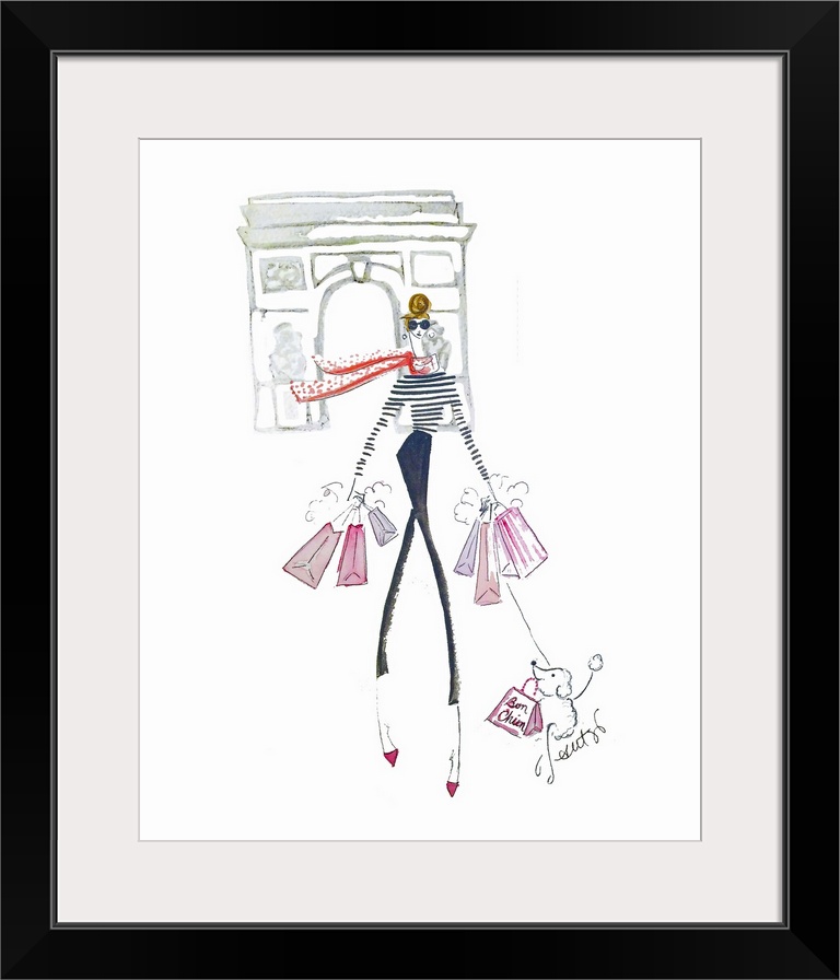 Artwork of a slender fashionable woman holding shopping bags while walking her dog with a Parisian landmark in the backgro...