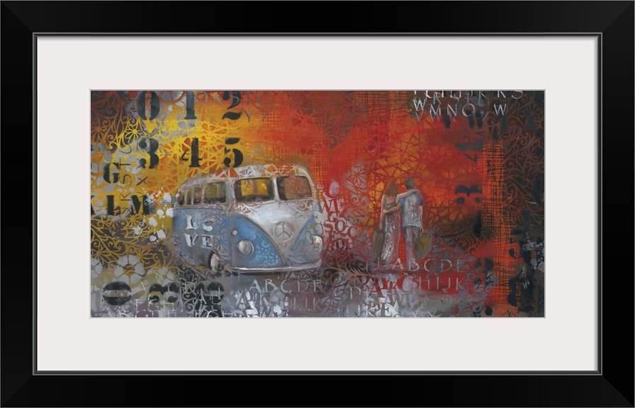 Painting of a blue Volkswagen bus embellished with paint splatters and stenciled numbers.