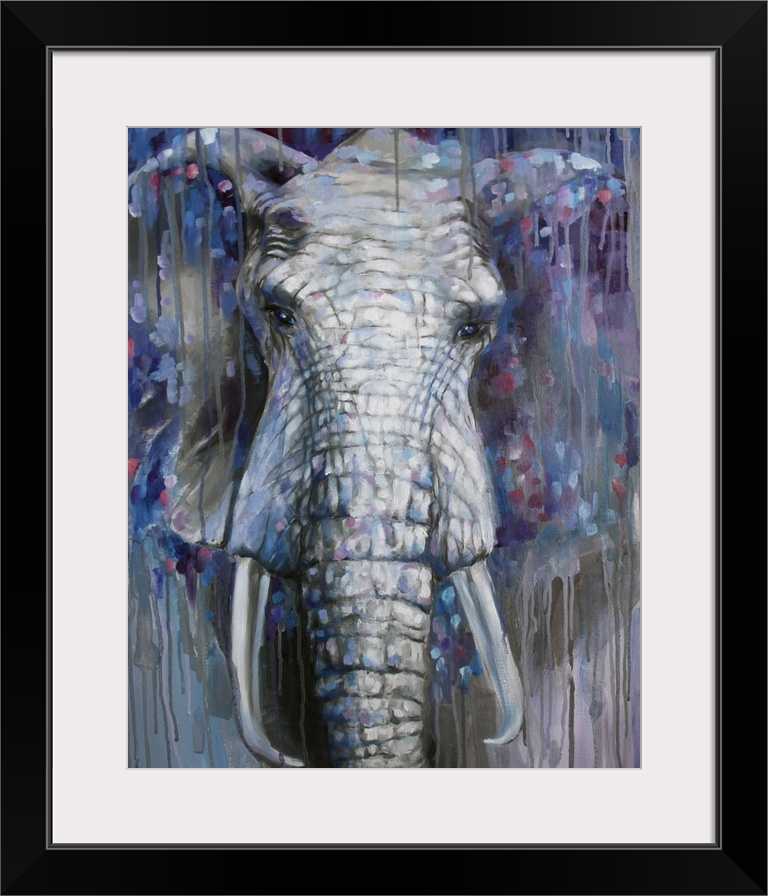 Contemporary painting of an African elephant surrounded by dark colors.