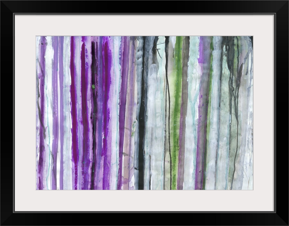 Contemporary abstract artwork of vertical paint strokes in shades of purple and grey.