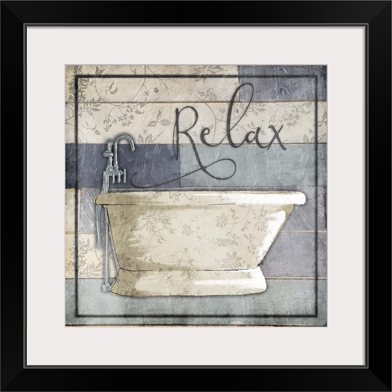 A painting of a bathtub on a multi-color blue wooden panel background with a floral design and the word ?Relax? at the top.