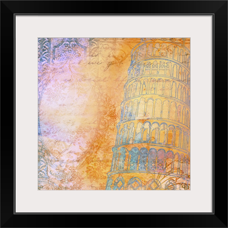 Contemporary travel artwork of the Leaning Tower of Pisa, surrounded by ornate and decorative floral patterns.