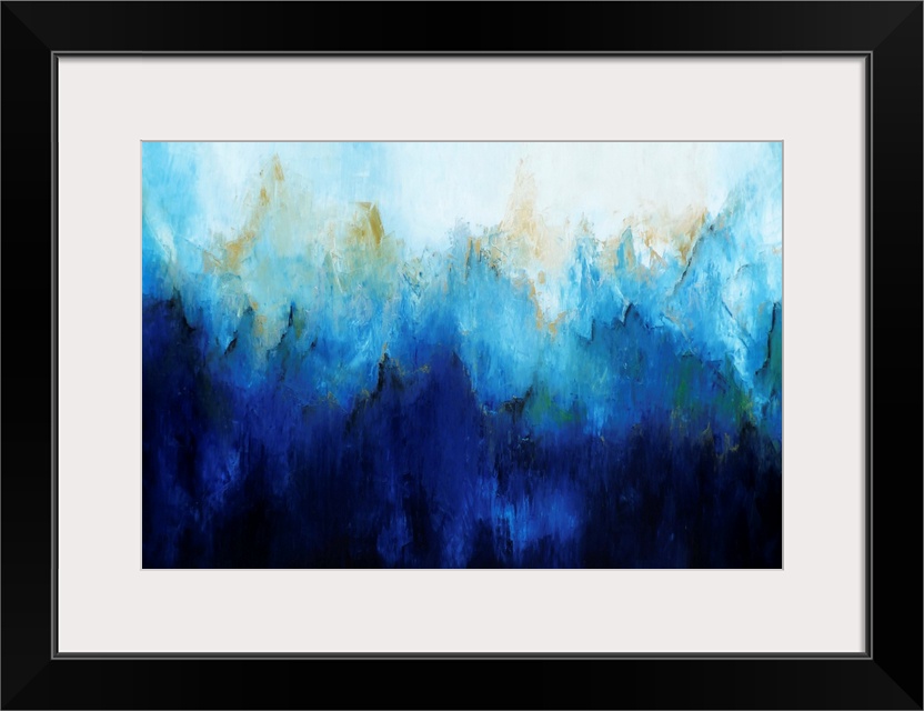 Contemporary abstract painting in shades of blue ranging from pale blue to deep navy.