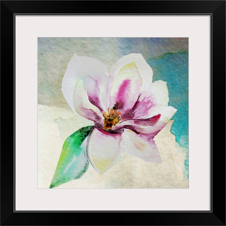 Square watercolor painting of a single magnolia flower in shades of pink, yellow, white, and green on an abstract background.