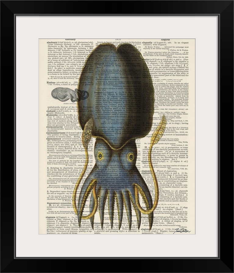 Contemporary artistic use of a page from a dictionary with a scientific illustration of a squid on top of the text.