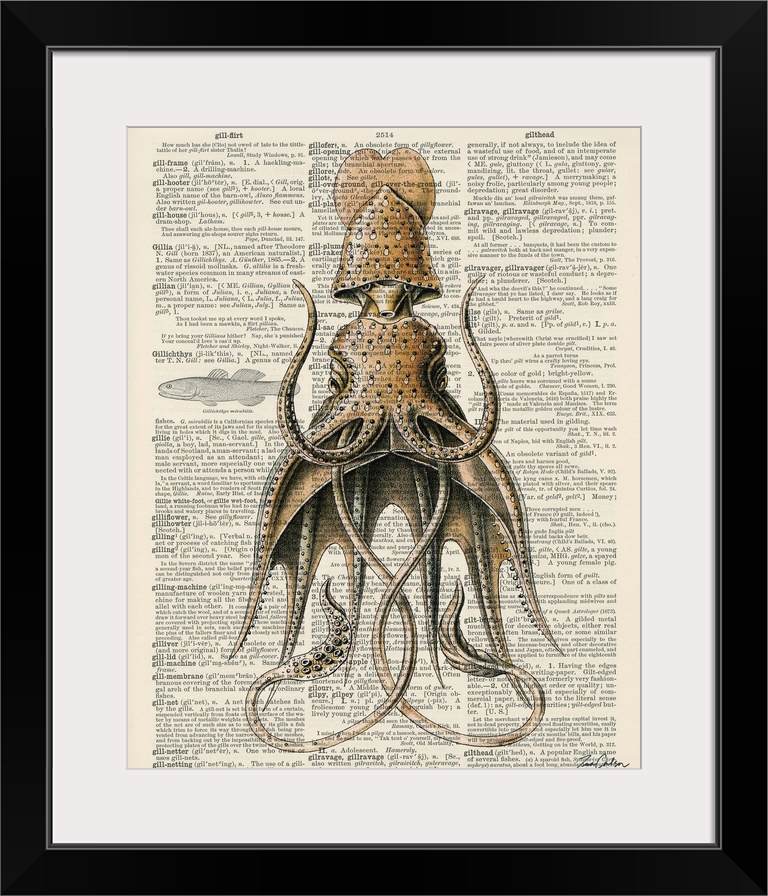 Contemporary artistic use of a page from a dictionary with a scientific illustration of a squid on top of the text.