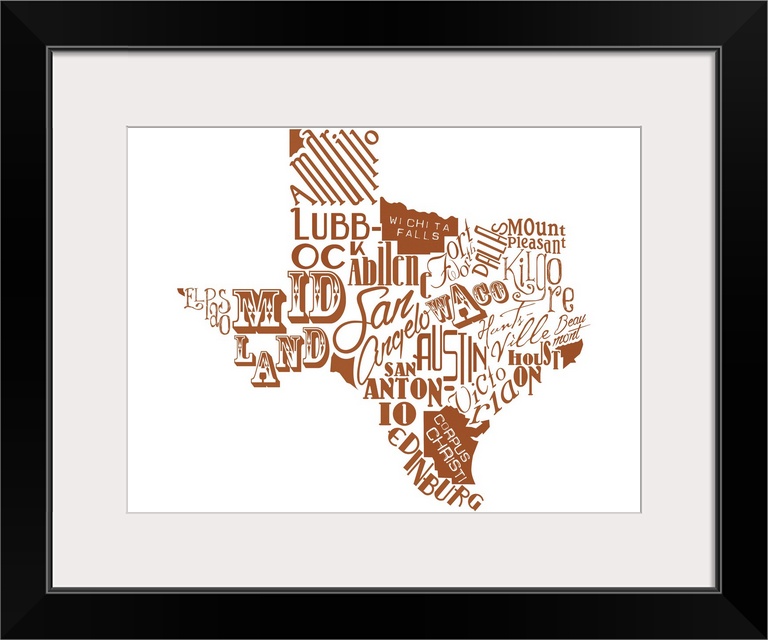Contemporary painting using typography to make the shape of the state of Texas.