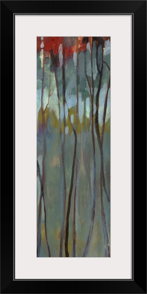 Contemporary painting of thin birch trees with bright leaves in a dark forest.