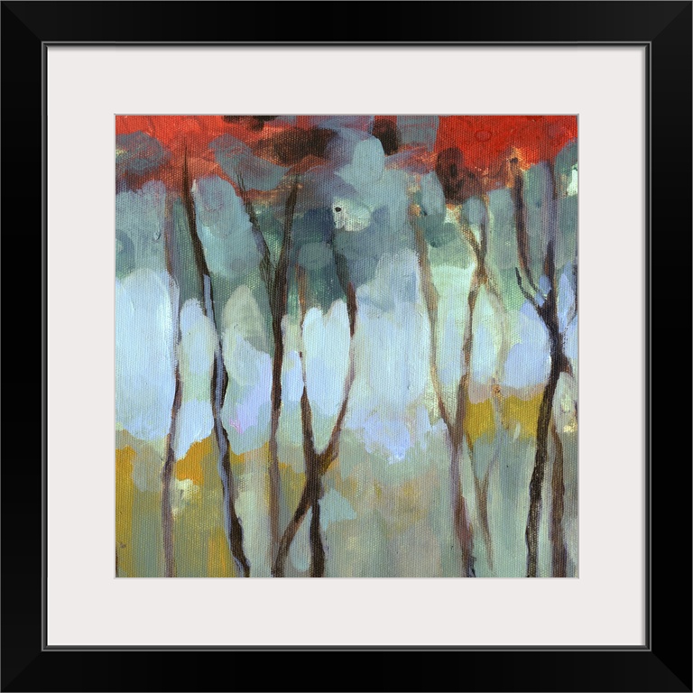 Contemporary artwork of thin birch trees in a dark forest with bright leaves.