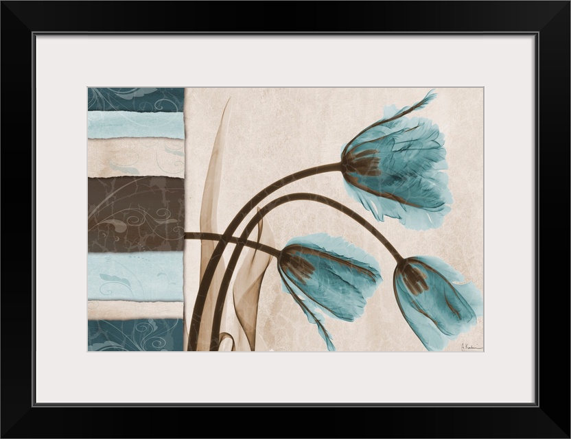 Square x-ray photograph of three tulips bending over to the right, with a vertical set of textured tiles to the left of th...