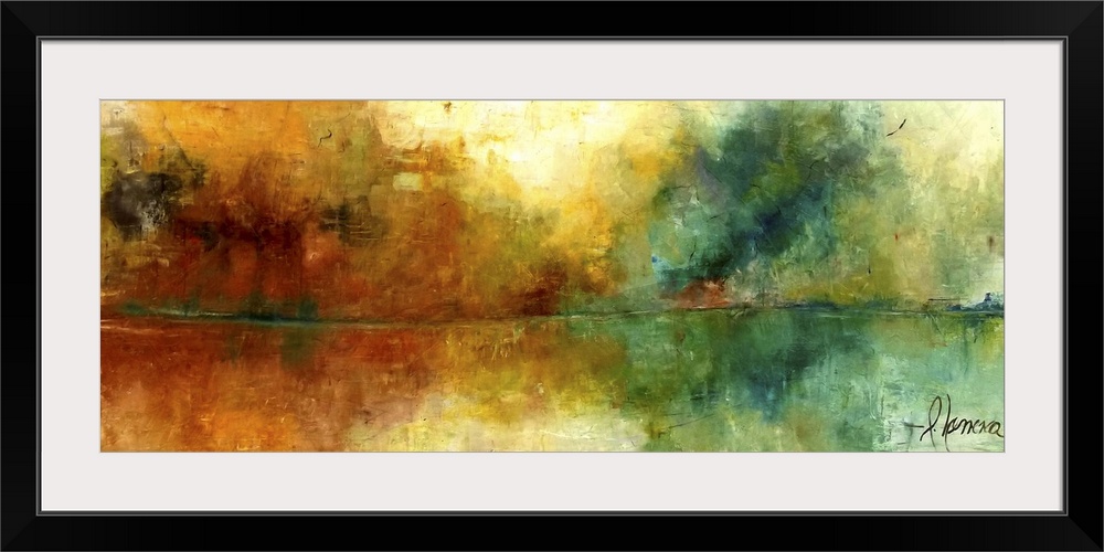 Contemporary abstract painting using rich and rustic earth tones colliding with vivid cool tones creating a line almost li...