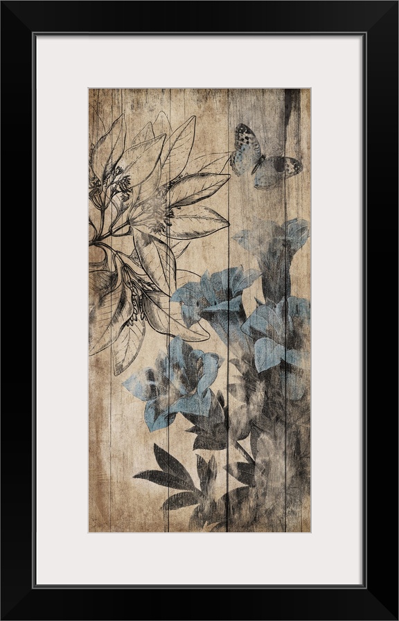 Vertical contemporary artwork of blue flowers appearing to be painted on a wood surface.