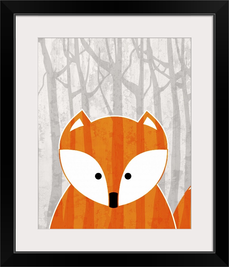 Nursery art of a cute fox in a forest.