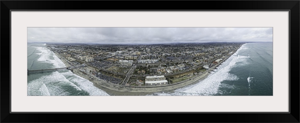 Oceanside is a favorite Southern California tourism destination. This is a 4 image aerial panoramic at the coastline.