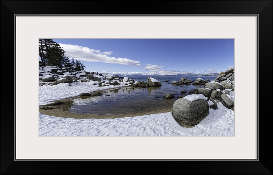 This is a huge panoramic of Lake Tahoe's Sand Harbor in winter. Lake Tahoe is a very large lake that's in both California ...