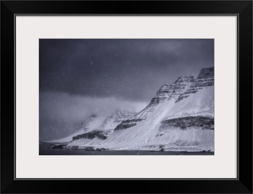 A snowstorm along the Strandir coast on Iceland's west fjords. Iceland.