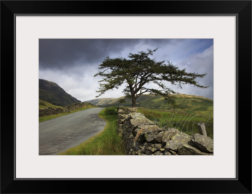 A Stone Fence Running Along A Road; Lake District, Cumbria, England