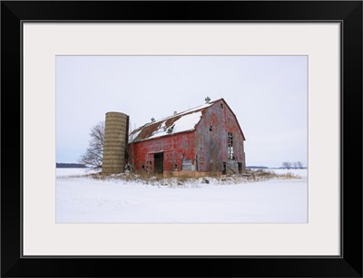 Abandoned Red Barn In The Countryside In Winter, Ontario