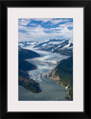 Aerial view of Mendenhall Glacier, Juneau Icefield to Mendenhall Lake in Tongass