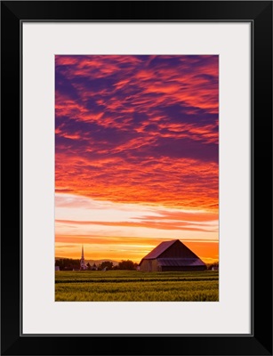 Barley Fields, Barn, Church And Colourful Sky At Dusk, Quebec, Canada