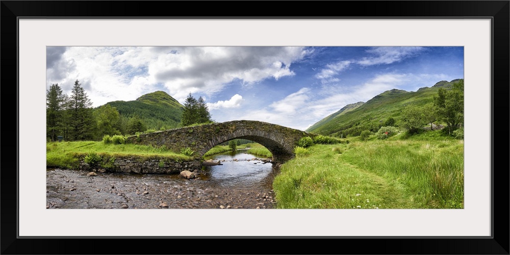 Panoramic view of Butter Bridge over Kinglas Water in the Loch Lomond National Park in Scotland.